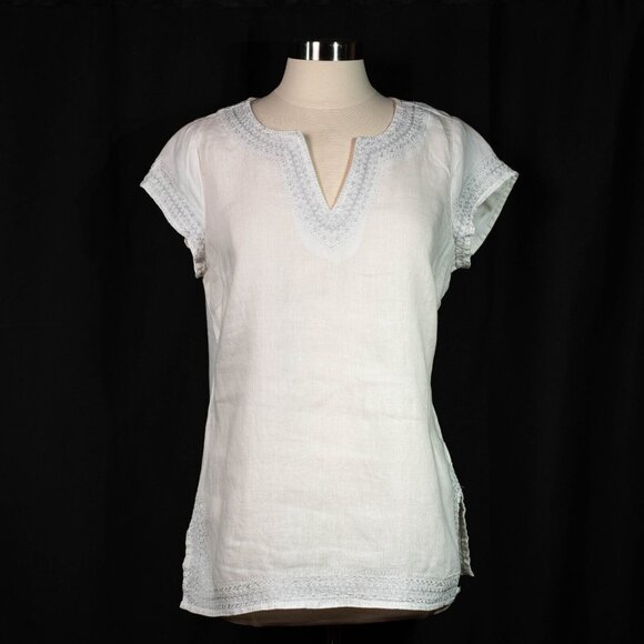Saint Tropez West Top Womens Medium White Linen Silver Metallic Embroidery Kurti - Picture 2 of 4